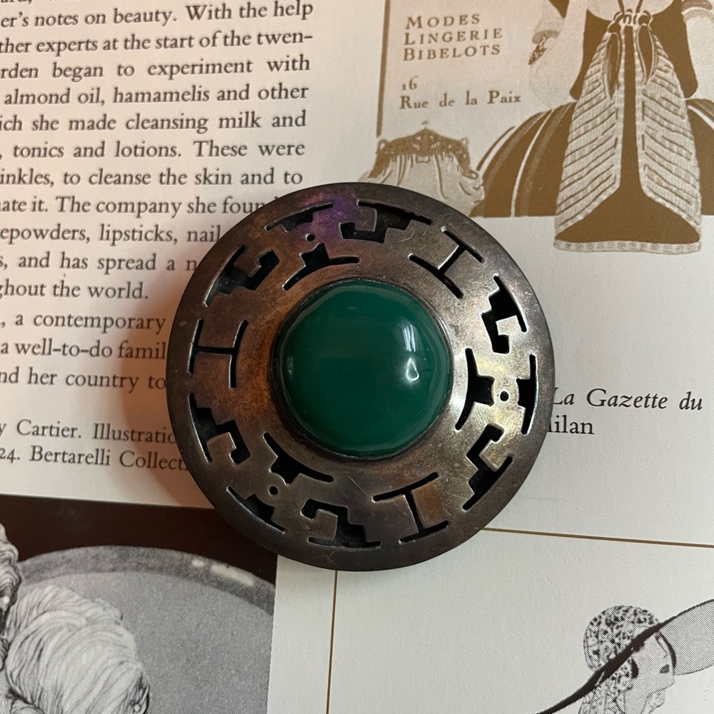 Amazing Vintage Mexican Sterling Silver Green Onyx Brooch Pendant
